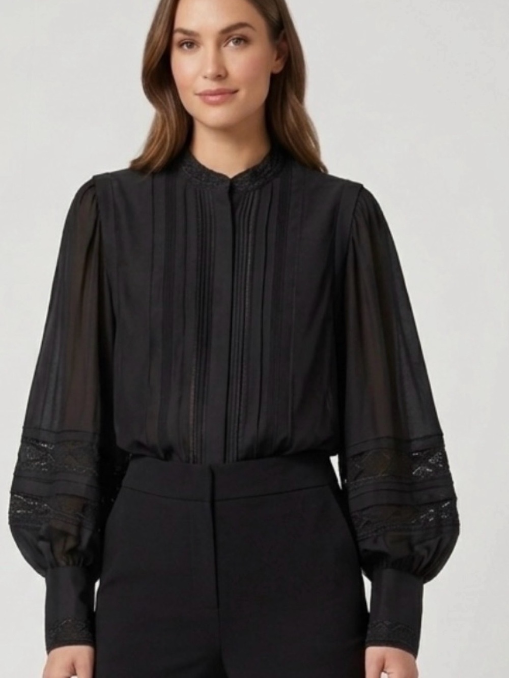 Kobi Halperin Shay Black Lace Inset Silk Blend bishop Sleeve Blouse Sz S NWT